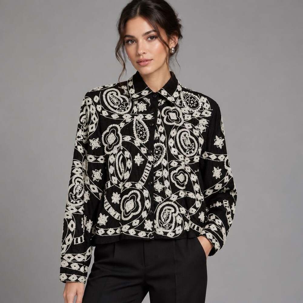 Vintage Beaded Silk Jacket Black White Floral Size L
